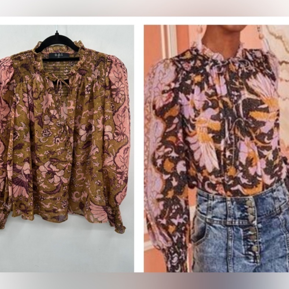 OPT One pretty thing floral smocked milkmaid dainty ballon sleeve sheer blouse S